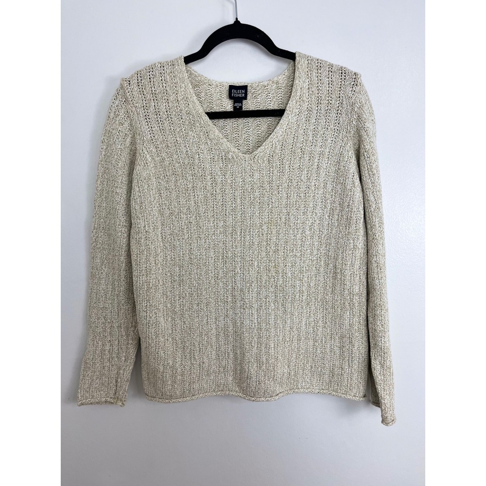 Eileen Fisher Minimalist V-Neck Sweater Women M Beige Marled Cotton Quiet Luxury